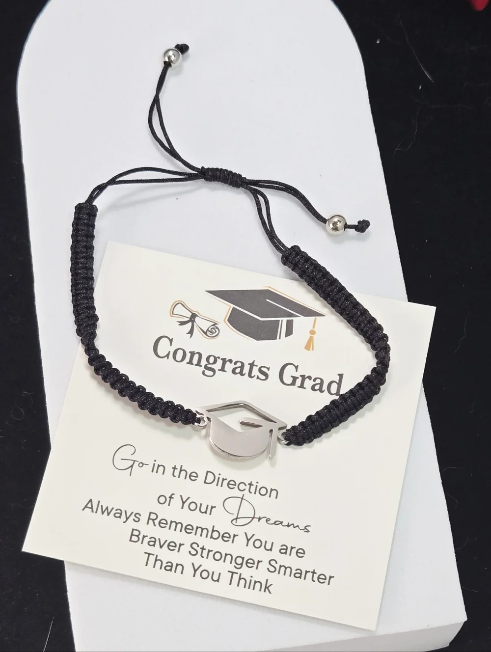Stainless Steel Graduation Cap Bracelet Black Cord Gift Graduate 2026 Keepsake